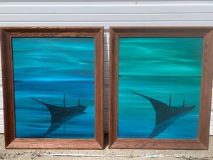 lot 235 image: Matching Pair of Large Mid Century 1960s Oil on Board Boat Paintings.