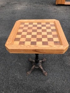 lot 344 image: Vintage 20 Wooden Chess Board Table wOld Cast Iron Base