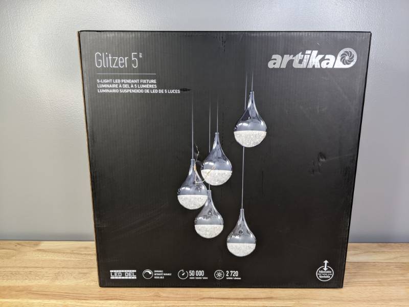 lot 54 image: Brand New Artika Glitzer 30-Watt Integrated LED 5-Light Black Modern Hanging Pendant Light Chandelier - T
