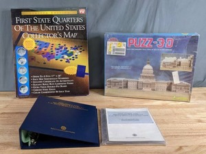 lot 98 image: Vintage State Quarters Map, Benjamin Franklin Half Dollar Collection Binder and Sleeves, Puzz-3D of the Capitol (Never Opened) - X