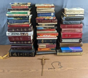 lot 91 image: Large Collection of Religious Books (Bibles, Billy Graham, Lutheran, etc.), Crucifix and Rosary - X