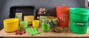 lot 200 image: Six Plant Pots, Two 5-Gallon Buckets, Melaleuca Book, Trivet, Dish Pan, and More - N
