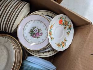 lot 203 image: Large Assortment of Dishware in a Variety of Patterns, also Vintage Syrup Dispenser, Teapot and MasherRicer - N