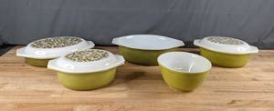 lot 176 image: 8-Piece Vintage Pyrex Cinderella Serving Dishes and Round Mixing Bowl (Green with Olive Lids) - B