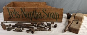 lot 235 image: Antique Wooden Fels Naptha Soap Crate with an Assortment of Metal Pieces  - X