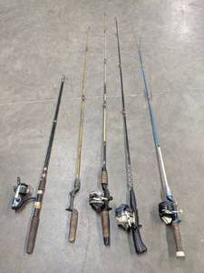 lot 273 image: Lot of 4 Fishing Rods and Reels (Shakespeare 2500, Zebco 404, Zebco 33, Zebco 202) and 1 Spare Rod  - X