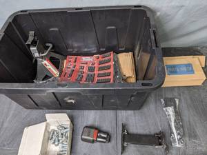 lot 280 image: Large Plastic Bin with Variety of Hardware, Pittsburgh 3 Ton Heavy Duty Automotive Jack, and Other Parts  - N