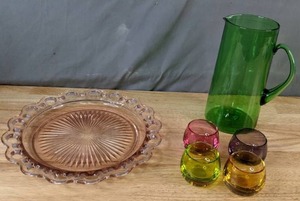 lot 291 image: Six (6) Piece Lot of Multicolored Glassware Pitcher, 4 Votive Holders, Platter - Z