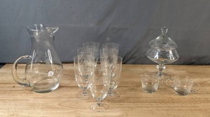 lot 294 image: Gorgeous Lot of Vintage Glass Serving Pieces Pitcher, Glasses, Candy Dish, Cream & Sugar - Z