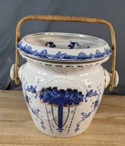 lot 289 image: Vintage WWR & Co. Staffordshire England 98 Cheese Strainer Dish and Pot with Wicker Handle - Z