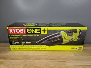 lot 24 image: Brand New Ryobi ONE 18V Lithium-Ion Cordless EVERCHARGE Hand Vacuum Kit with 1.3 Ah Compact Battery and Wall Adaptor & Charger P714K - T