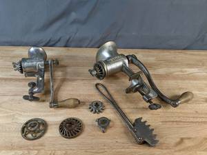 lot 340 image: Vintage No. 1 and No. 3 Universal Meat Grinders with Extra Cutters - V