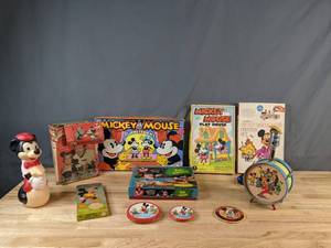 lot 316 image: Vintage Mickey Mouse Collection Lamp, Club Newsreel, Puppet Forms, Playhouse, Printer Set, Magic Subtractor, Sunshine Straws and More - V