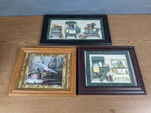 lot 429 image: Set of 3 Wooden Frames with Bird & Homewares Images - V