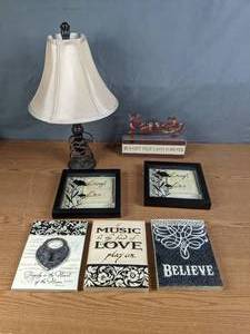 lot 433 image: Collection of 6 Wall Art Pieces and Lamp - V