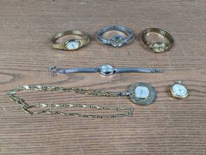 lot 405 image: Lot of 4 Womens Wrist Watches, 1 Womens Pendant Watch, 1 Pocket Watch (Timex, Caravelle, Waltham) - V