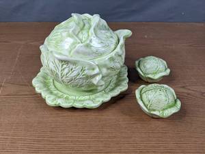 lot 406 image: Cute Ceramic Cabbages Bowl with Lid, Plate, Salt & Pepper Shakers - V