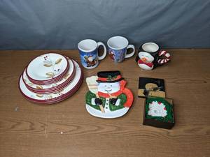 lot 391 image: Plates, Mugs, Coasters, and Snowman Platter - V