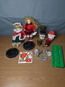 lot 395 image: Assorted Candle Holders, Ceramic Coaster, Ceramic Santa & Snowman, (2) Porcelain Dolls, Plastic Mold - V