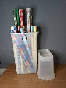 lot 396 image: (27) Rolls of Assorted Holiday and Generic Gift Wrap with Upright Storage Bin - V