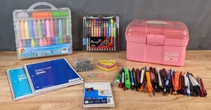 lot 474 image: Wonderful School Lot Playday 80 pc Ultimate Sidewalk Chalk Set, Bic Intensity Pens, Candy Lover Mutli-Function Storage Box, & More - V