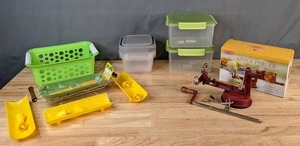 lot 476 image: Kitchen Essentials Back to Basics Apple Peeler, Corn on the Cob Accessories, & Various Containers - V