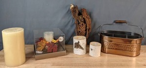 lot 478 image: Home Decor Candles, Whimsical Owl Decor, Copper Utensil Caddy, & More - V