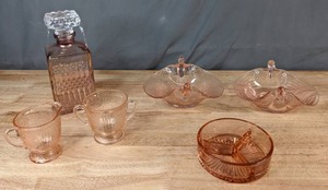 lot 471 image: Beautiful Vintage Pink Depression Glass Collection Decanter, Swan Bowls, Divided CandyRelish Dish, & More  - V