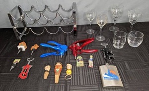 lot 500 image: The Boozy Bunch Wine Rack, Glasses, Bottle Openers, Bottler Stoppers and a Flask - V