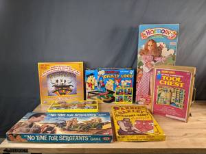 lot 527 image: Vintage Collection of Games Flintstones Crazy Loco, No Time for Sergeants, Handy Andy Tool Chest, Harmony Doll, 500 Piece Jigsaw Puzzle and More - V
