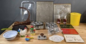 lot 483 image: Collection of Kitchen Items Cookie Sheets, Muffin Tins, Tart Molds, Colander and More - V