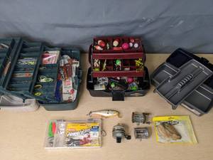 lot 590 image: Assortment of Tackles Boxes, Fishing Reels and Fishing Accessories - V