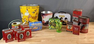 lot 618 image: Collection of Vintage Tin Items Yogi Bear, Star Trek, The Beatles Yellow Submarine, Ninja Turtle, Childs Tin Watering Can Toy, Tobacco and More - V