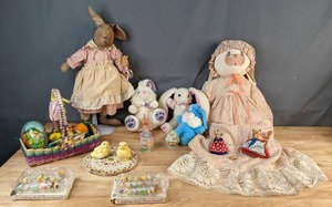 lot 619 image: EasterBunny Decor Mini Ornaments, Stuffed Bunnies, Basket, Eggs, Chicks and More - V