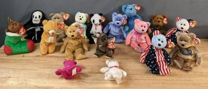 lot 608 image: Collection of 17 TY Beanie Babies Birthday Bear, Creepers the Skeleton, Trumpet the Elephant and More - V