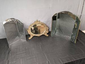 lot 720 image: Gold Ornate Oval Table Mirror with (2) Arched 3-Section Mirrors - W