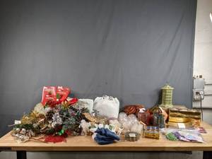lot 723 image: Large Assortment of Christmas Decorations Stockings, Branches, Ornaments, Candles, Bulbs and Much More - V