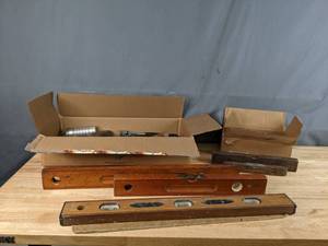 lot 785 image: Vintage Assortment of Tools Folding Engineer Rulers, Levels, Hammers, Drill Bits, Vise Grip Pliers and More - W
