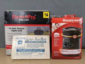 lot 747 image: Vintage Winco Full Vision Electric Heat Mask, Honeywell Portable Heater, FlamePro 14 Round Tabletop Grill - V
