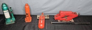 lot 761 image: 4 Piece Lot  3 Ton Green Hydraulic Jack, 2 Other Red Jacks and Bonus Red Tool - W