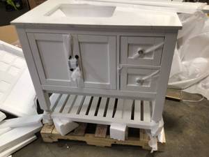 Home Decorators Collection Bankside 37 in. W x 22 in. D Bath Vanity in White with Engineered Marble Vanity Top in Carrara White with White Basin In Good conditions