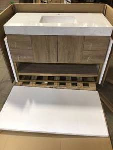 ROSWELL Alistair 48 in. Bath Vanity in North American Oak with Grain Stone Top in White with White Base Open Box