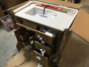 Bellington 36 in. W Bath Vanity in Almond Toffee with Engineered Stone Vanity Top in White with White Basin by Home Decorators Collection Damaged Customer Retur5ns See Pictures