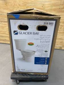 lot 72 image: GLACIER BAY 2-piece 1.1 GPF1.6 GPF High Efficiency Dual Flush Complete Elongated Toilet in White, Seat Included (Missing Tank Cover)