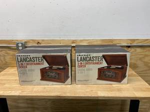 lot 107 image: CROSLEY Lot of 2- CR42D-PA Lancaster 3-Speed Turntable with Radio, CDCassette Player, Aux-in and Bluetooth, Paprika
