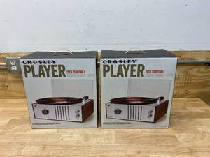 lot 162 image: CROSLEY Lot of 2- CR6017A-MA Player Turntables with AMFM Radio and Aux-In, Mahogany