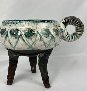 lot 57 image: Whimsical Studio Pottery Bowl with Handle on Three Legs