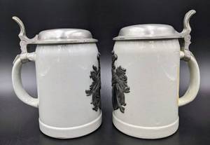 lot 14 image: Pair Vintage German Flip-Top Pewter and Stoneware Steins