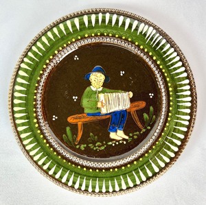 lot 5 image: Two Vintage Hugo Kohler Biel Swiss Folk Art Plates - Girl w Grapes and Man w Accordion