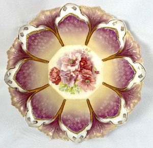 lot 7 image: Antique RS Prussia Porcelain Serving Bowl wFloral Bouquet in Pinks, Purples, Spring Green and Gilt.